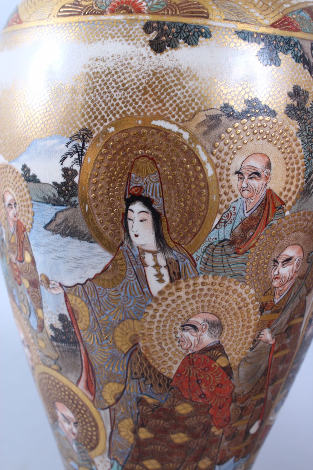 A GOOD PAIR OF JAPANESE MEIJI PERIOD OVOID FORM SATSUMA VASES, decorated with scenes of immortal - Image 5 of 12