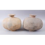 A PAIR OF UNUSUAL EARLY CHINESE BARREL SHAPED TERRACOTTA VESSEL, with broad circular neck and