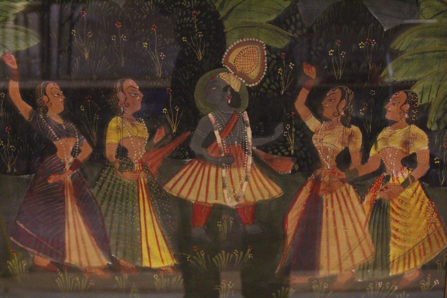 A 19TH-20TH CENTURY FRAMED INDIAN PAINTING ON TEXTILE depicting two blue skin gods wearing jewels, - Image 2 of 2