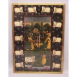 A 19TH-20TH CENTURY FRAMED INDIAN PAINTING ON TEXTILE depicting a black skin god wearing jewels