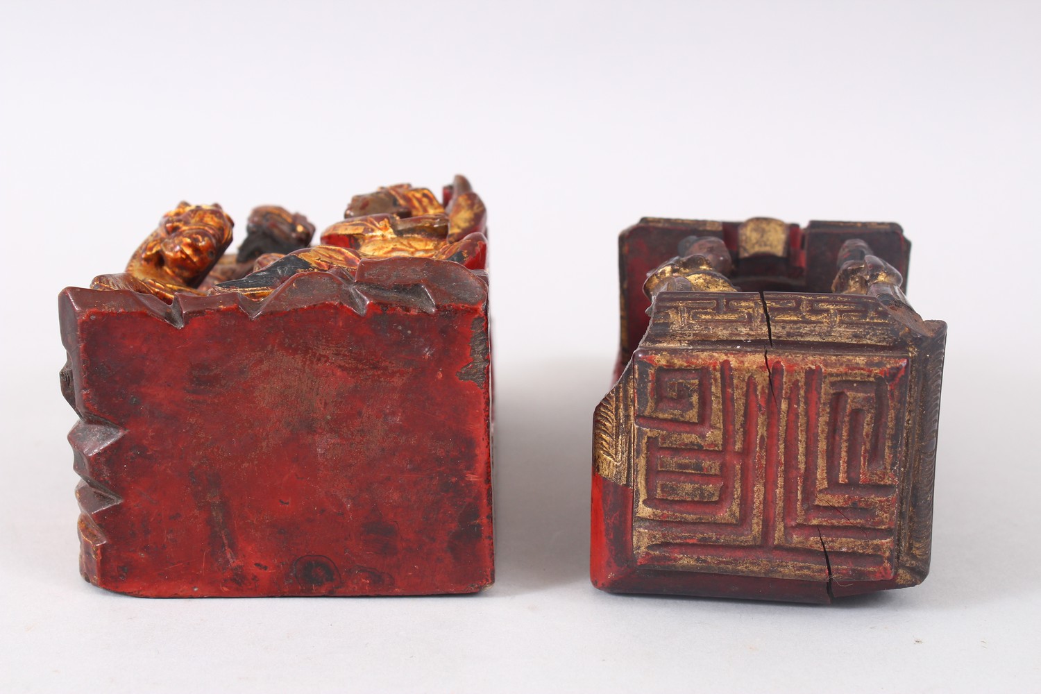 TWO 19TH CENTURY CHINESE GILT WOOD CARVINGS / SEALS, both carved with figures within temples, one - Image 4 of 6