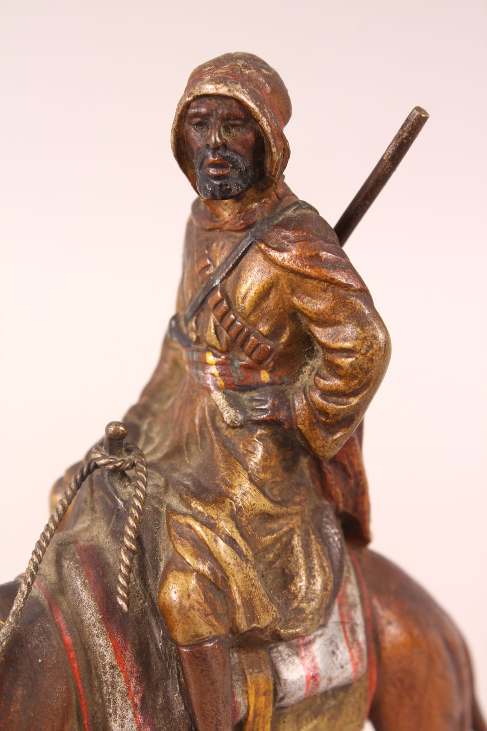 A FINE 19TH CENTURY COLD PAINTED BRONZE FIGURE OF AN ARAB UPON CAMEL BACK, the bronze most likely by - Image 6 of 7