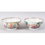 TWO 18TH CENTURY CHINESE FAMILLE ROSE MANDARIN PORCELAIN BOWLS, decorated with scenes of figures