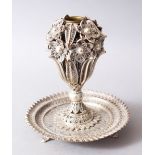 A FINE INDIAN FILIGREE WHITE METAL INCENSE BURNER, the burner formed of floral display, 15.5cm