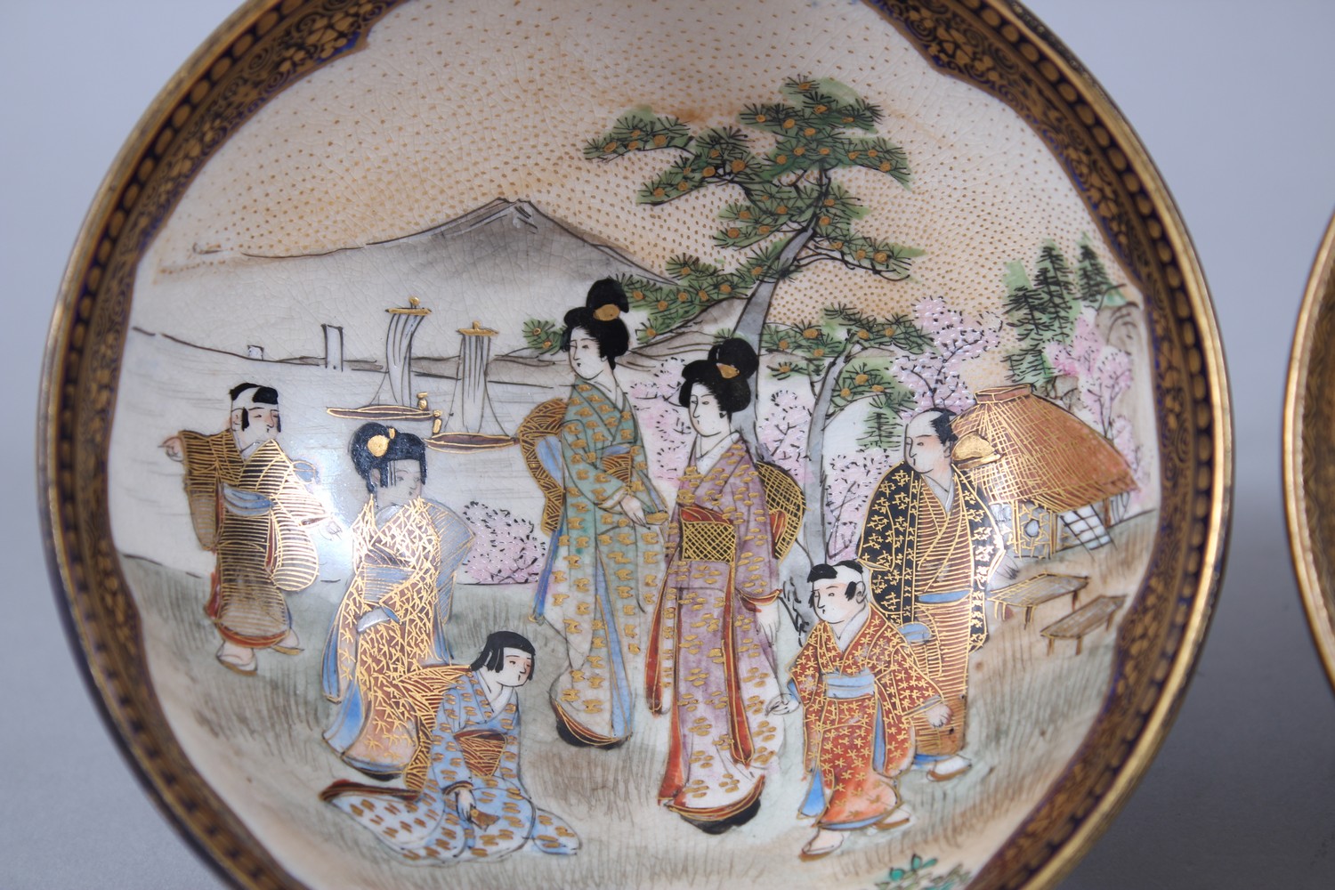 TWO GOOD JAPANESE MEIJI PERIOD SATSUMA BOWLS, both bowls similarly decorated with scenes of geisha - Image 2 of 7