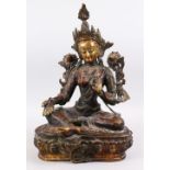 A GOOD LARGE 19TH / 20TH CENTURY THAI BRONZE BUDDHA / DEITY, sat on a lotus formed base, in a