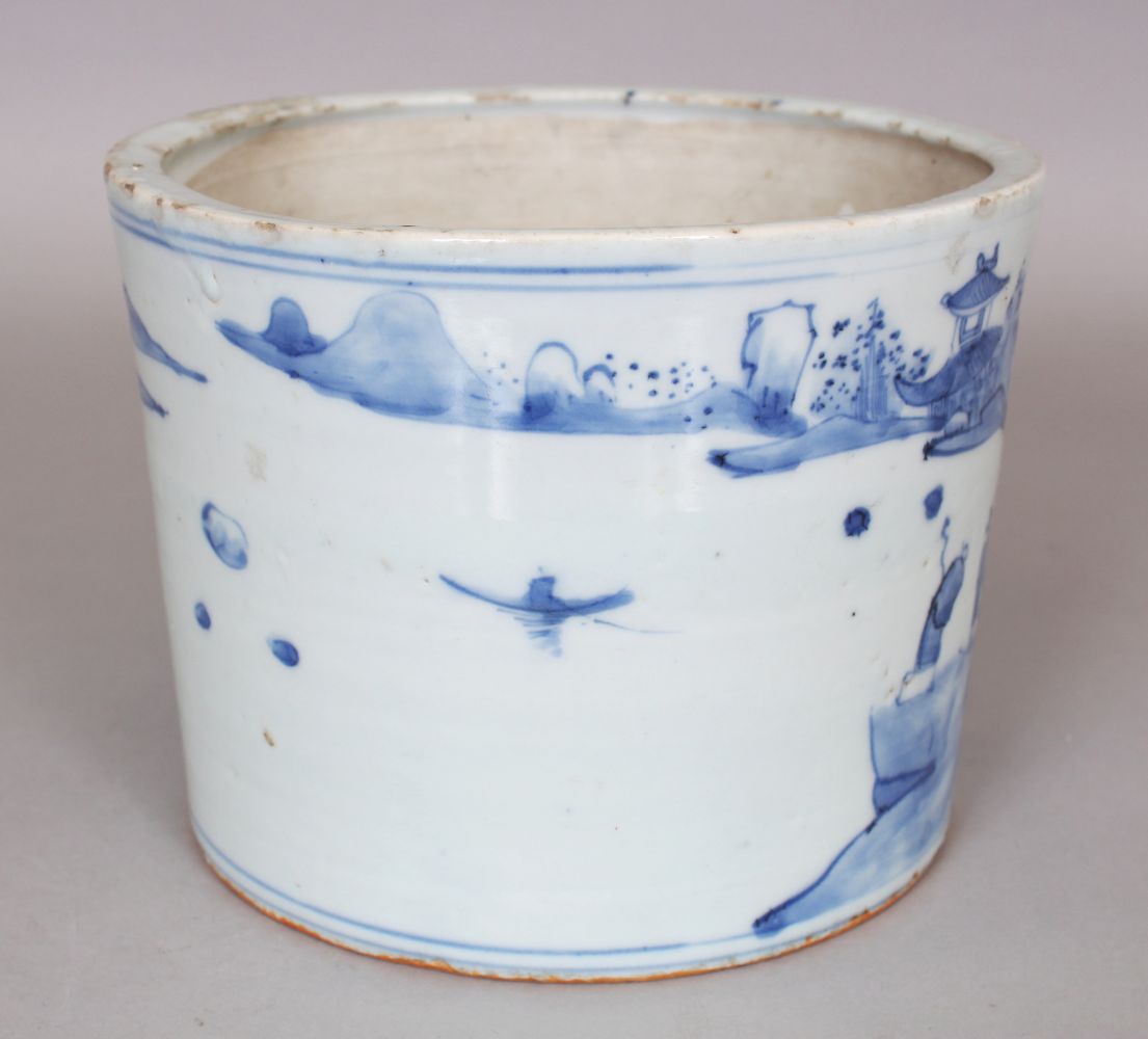 A CHINESE BLUE & WHITE PORCELAIN BRUSHPOT, the flaring sides painted with a continuous river - Image 2 of 7