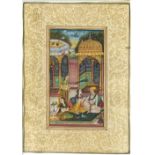 A GOOD 19TH / 20TH CENTURY INDO PERSIAN MUGHAL ART HAND PAINTED PICTURE ON PAPER, depicting a prince