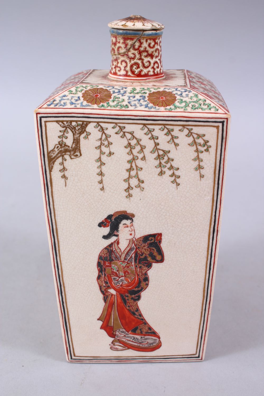 AN UNUSUAL JAPANESE MEIJI PERIOD SQUARE FORM SATSUMA BOTTLE & COVER, the side panels depicting a - Image 3 of 6