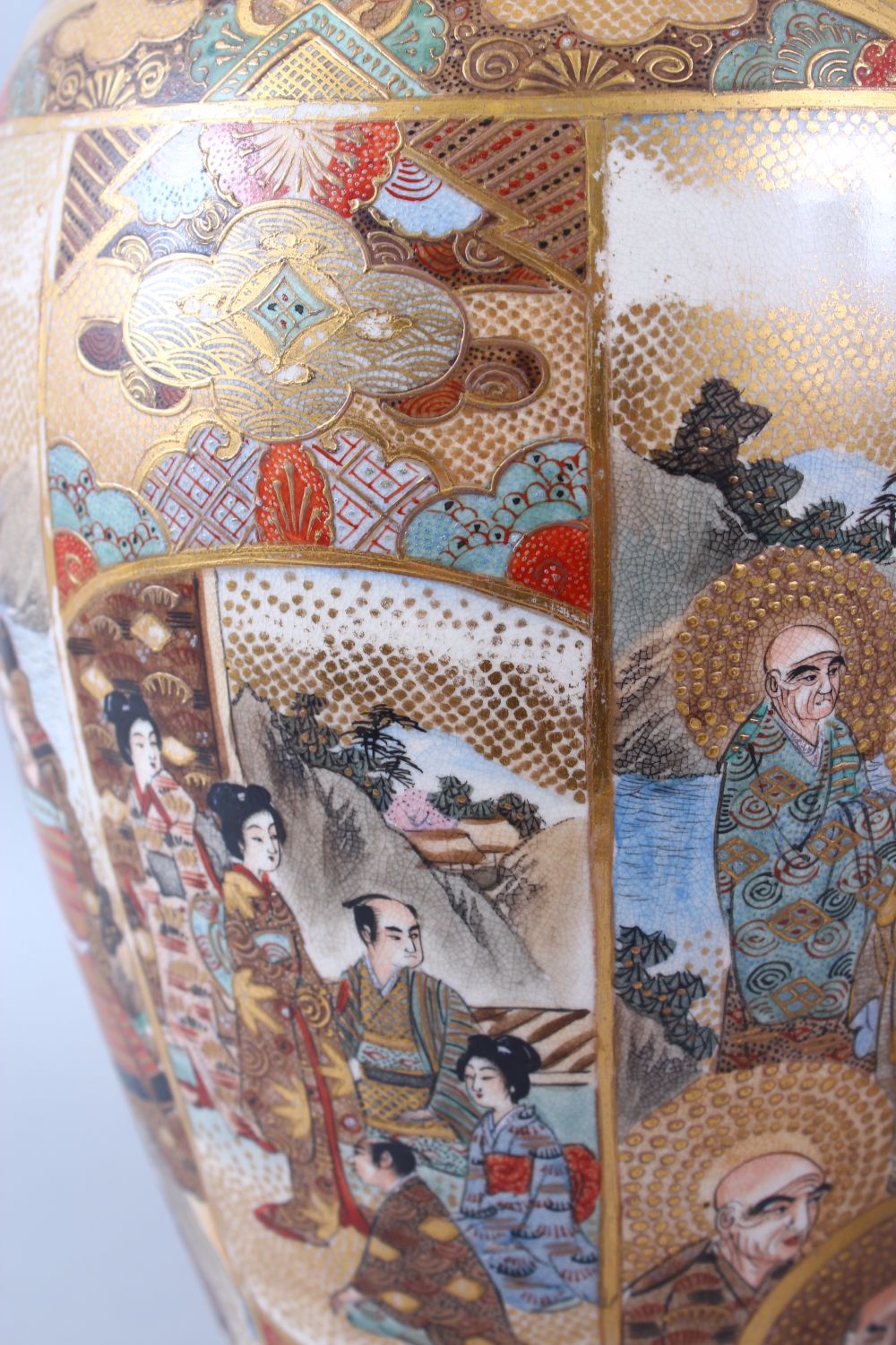 A GOOD PAIR OF JAPANESE MEIJI PERIOD OVOID FORM SATSUMA VASES, decorated with scenes of immortal - Image 9 of 12