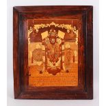 AN ORIENTAL / INDIAN HARDWOOD INLAID SPECIMEN PANEL OF A BUDDHA, the solid hardwood panel framed and