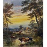 Henry Earp (1831-1914) British. Cattle Watering, with a Figure and Horses in the distance, Oil on