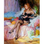 Konstantin Razumov (1974- ) Russian. "In the Boudoir", with a Scantily Dressed Lady, Oil on