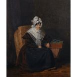 Early 19th Century English School. Study of a Lady by a Sewing Box, Oil on Canvas, 12" x 10".