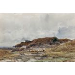 Claude Hayes (1852- 1922) British. "Sandy Down, Hants", A Moorland Landscape, with a Shepherd and