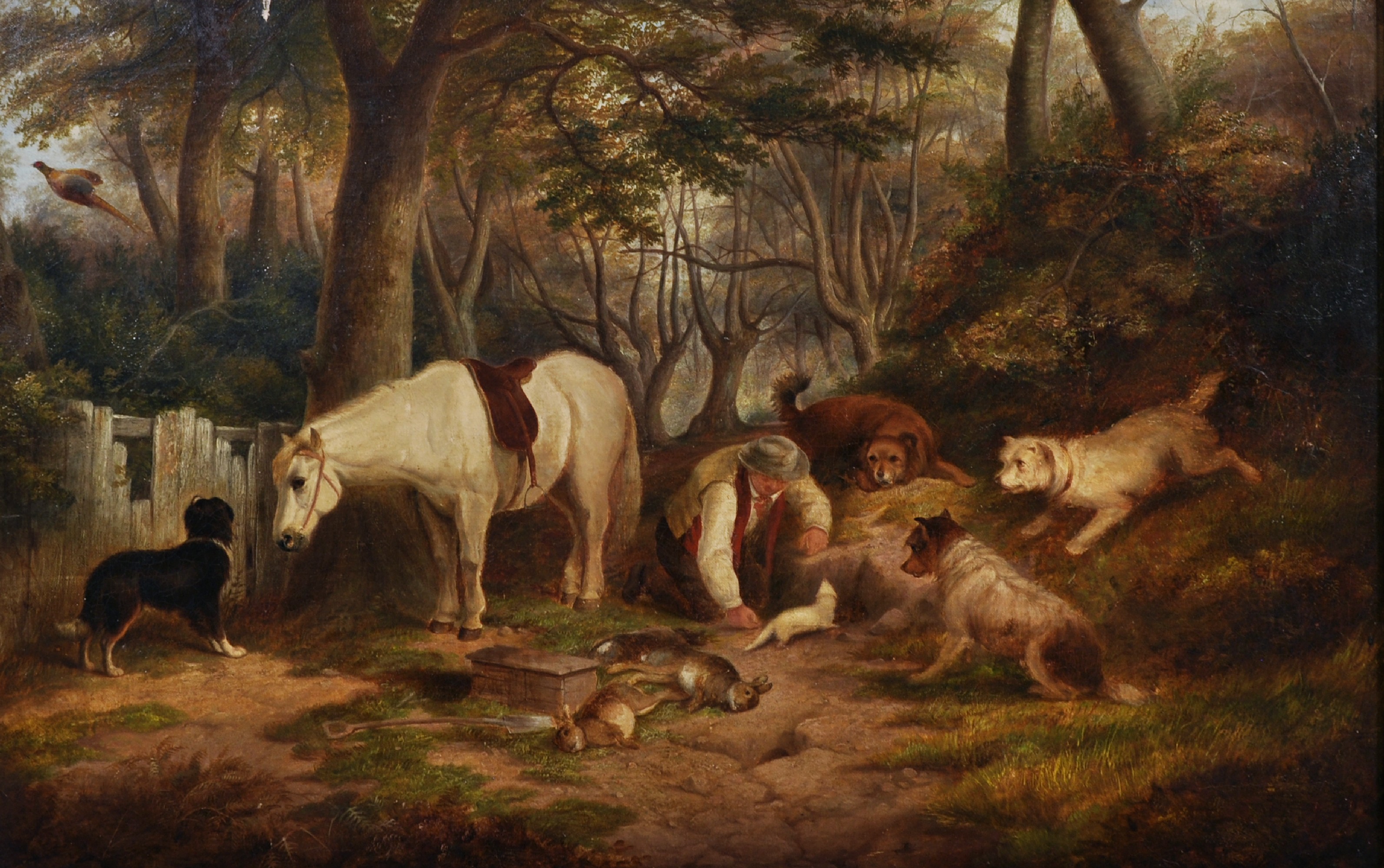 Circle of Paul Jones (act.1855-1888) British. The Gamekeeper, with Dogs and a Horse, Dead Game and