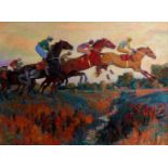 Marine Andrievskaia (1966- ) Russian. "The Work Riders", with Horses taking a Ditch, Oil on