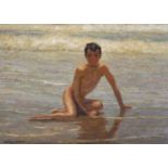 William A... Cuthbertson (19th - 20th Century) British. A Naked Boy, in the Surf, Oil on Canvas laid