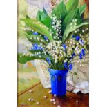 20th Century Russian School. Still Life of Flowers in a Blue Vase, Oil on Canvas, Signed in