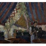 Roland Short (20th Century) British. "Caf", a Waiter serving a Table under an Awning, Oil on