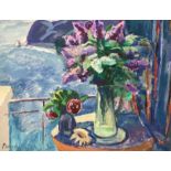 Vladimir Alekseevic Vasin (1918-2006) Russian. Still Life with Flowers in a Glass Jug, a Seascape