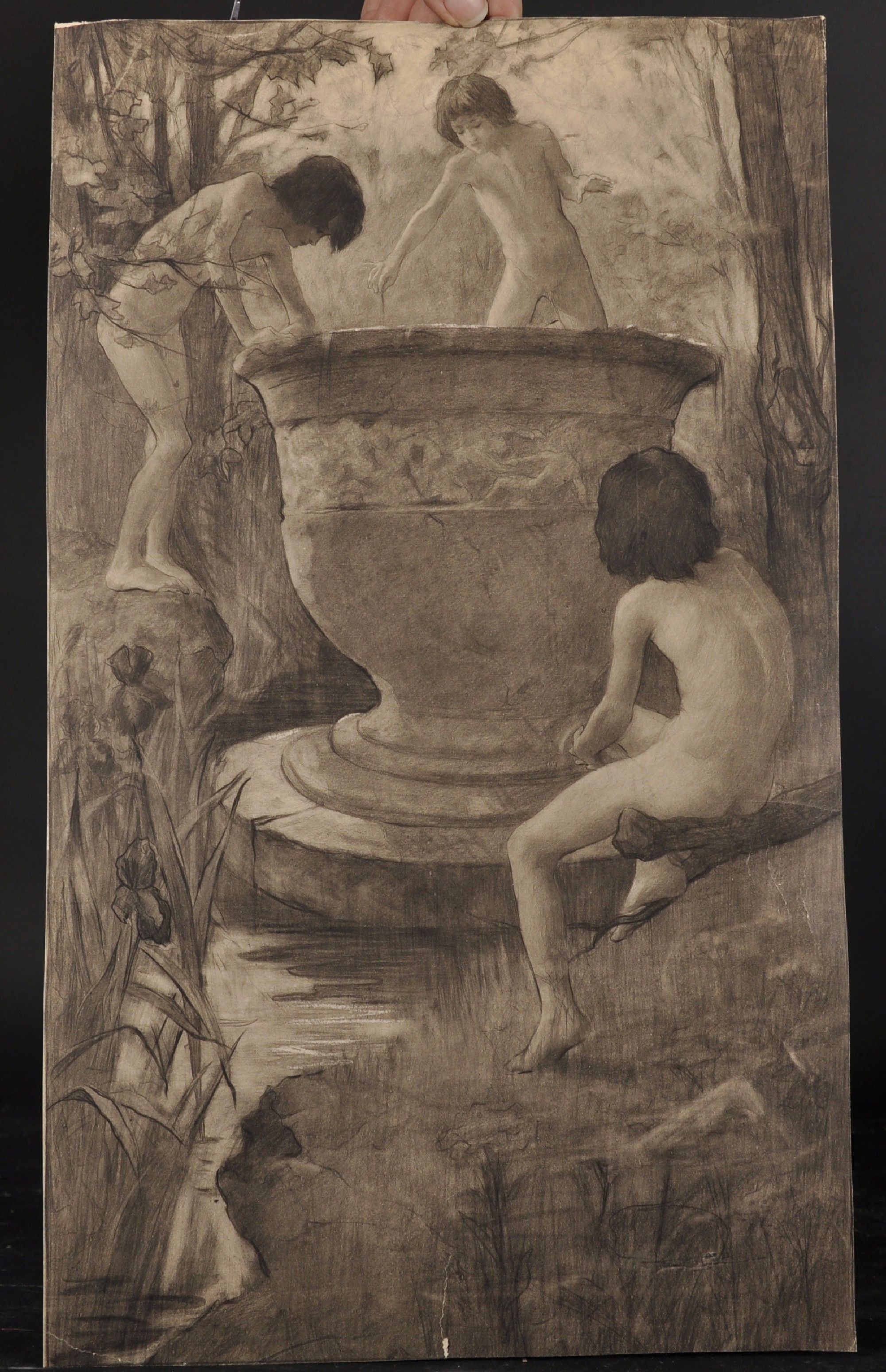 19th Century French School. Naked Boys in a River Landscape, playing around a Classical Urn, - Image 2 of 3