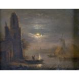 19th Century German School. Figures in Boats in Moonlight, with Classical Ruins on the Shore, and