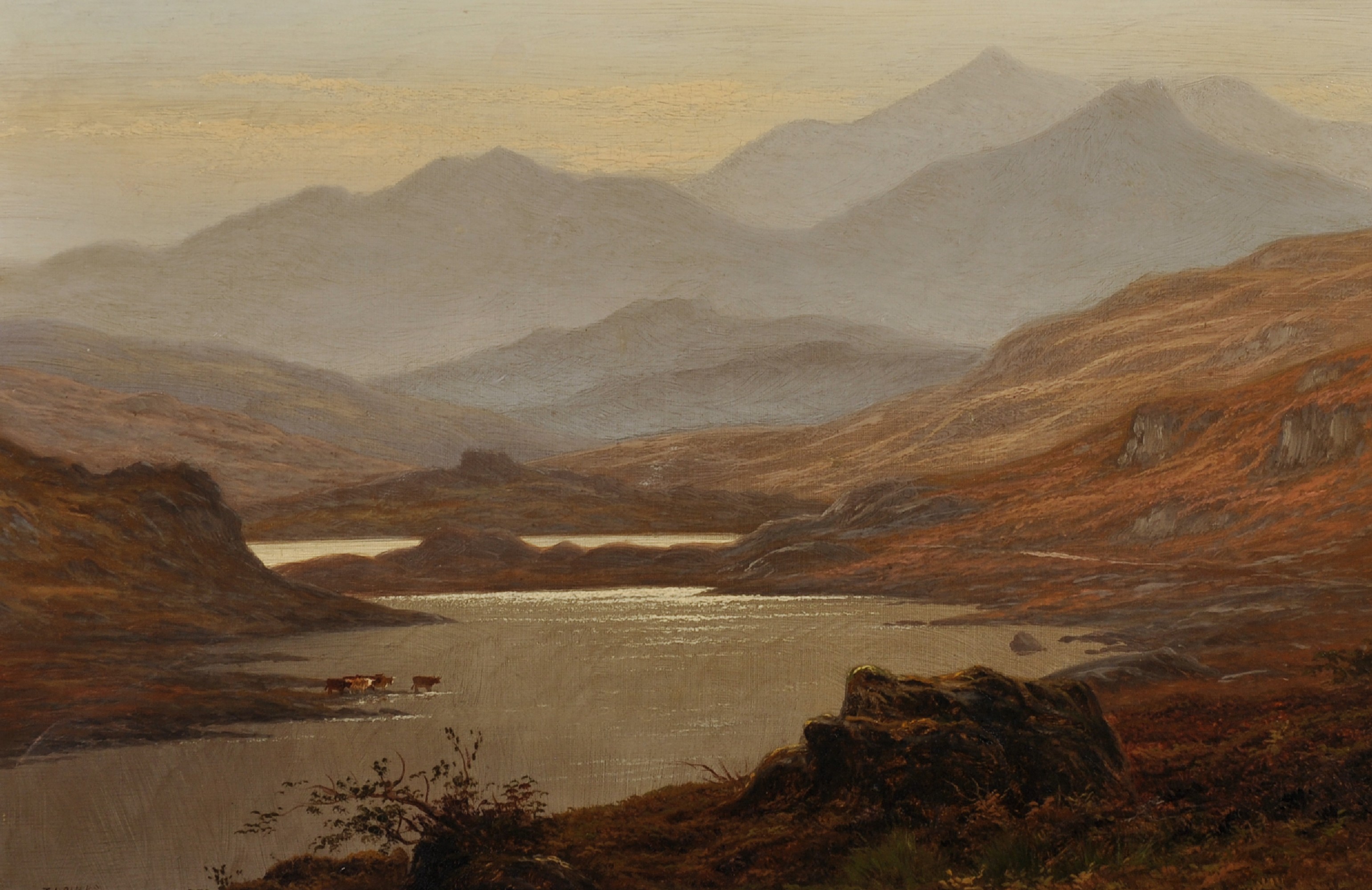 Thomas Spinks (1847-1927) British. "Snowdon from Llyn Llydaw (N.E.)", a Mountainous River Landscape,