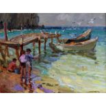 Alexandre Petrovitch Shadrine (1942- ) Russian. "Fishing", with Young Boys by a Jetty, Oil on