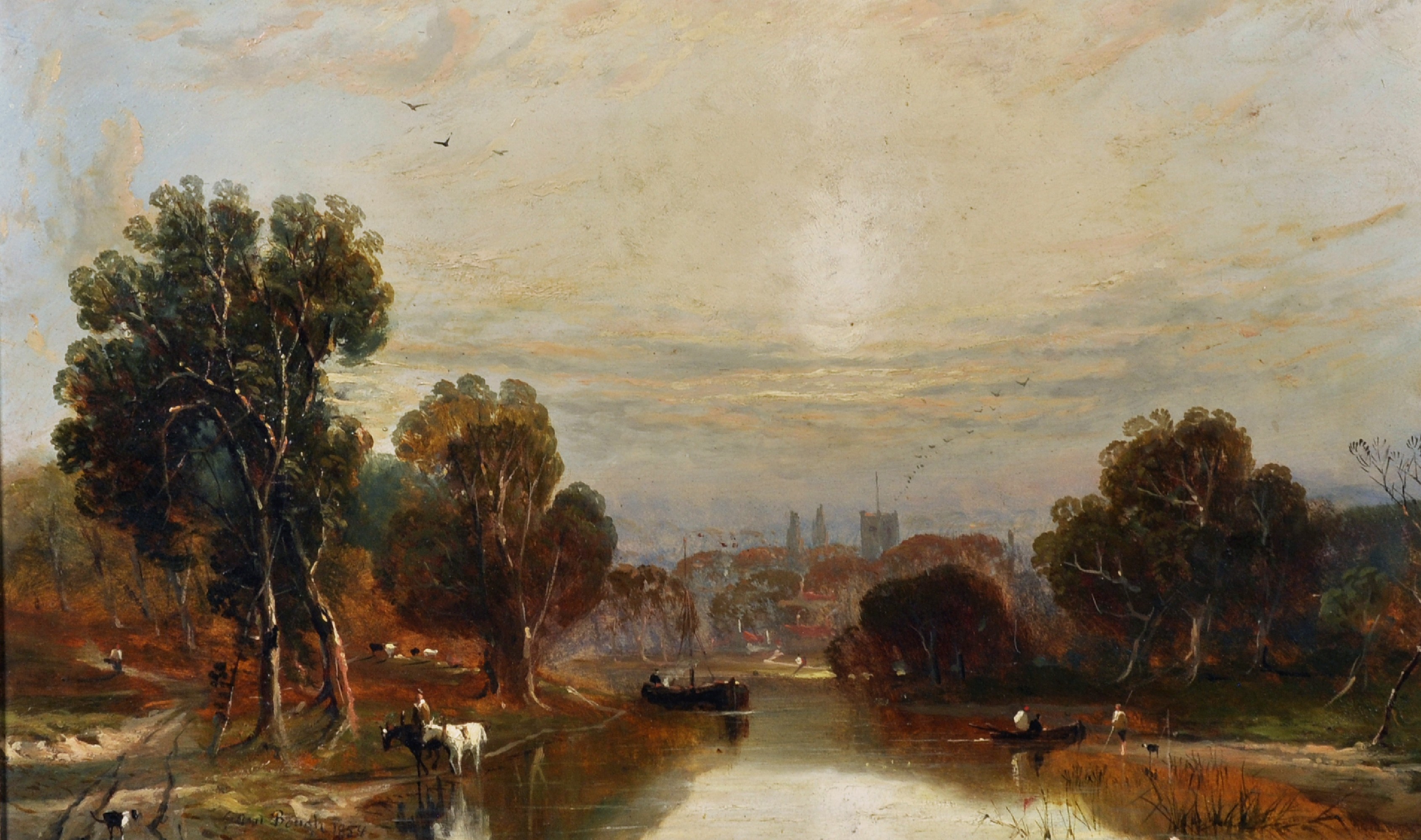 Circle of Samuel Bough (1822-1878) British. 'View of Worcester', A River Landscape, Oil on Board,