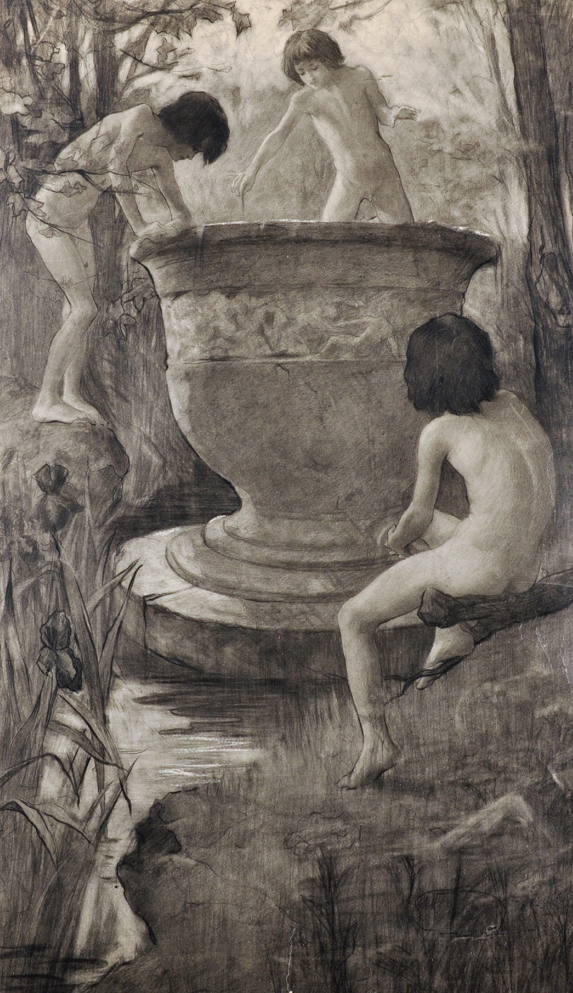 19th Century French School. Naked Boys in a River Landscape, playing around a Classical Urn,