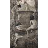 19th Century French School. Naked Boys in a River Landscape, playing around a Classical Urn,
