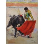 Juan Reus (1912-2003) Spanish. Study of a Matador with a Red Cape, Oil on Board, Signed and