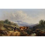 Joseph Horlor (1809-1887) British. A River Landscape, with a Drover and Dog with Cattle, Oil on