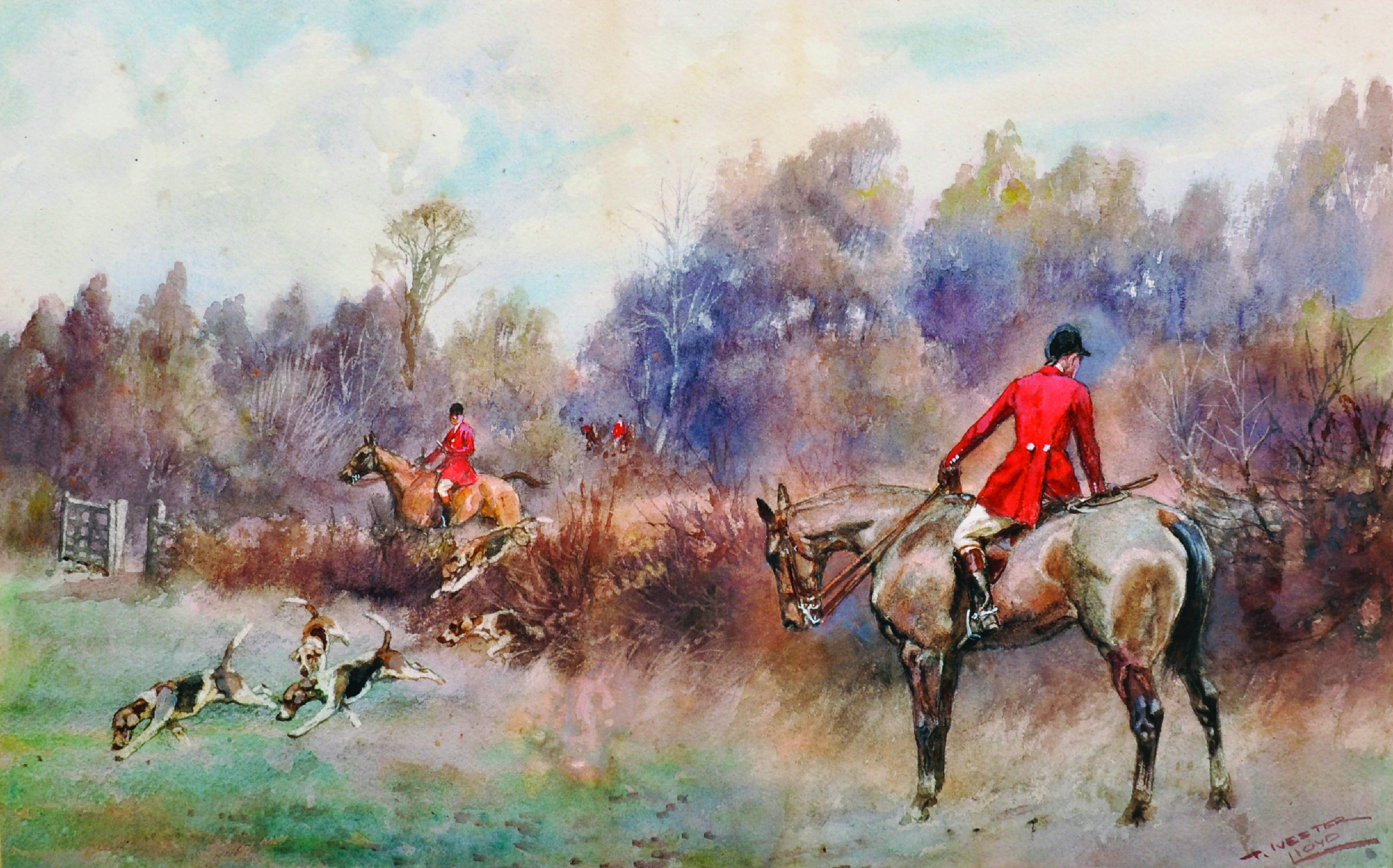 Thomas Ivester Lloyd (1873-1942) British. A Hunting Scene, with Riders and Dogs, Watercolour, - Image 2 of 13