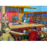 20th Century English School. A Globe Theatre Scene, with Shakespeare watching from a Balcony, Oil on