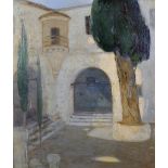 Georgios Kosmadopoulos (1895-1967) Greek. A Courtyard with Cyprus Trees, Oil on Canvas, Signed, 29.