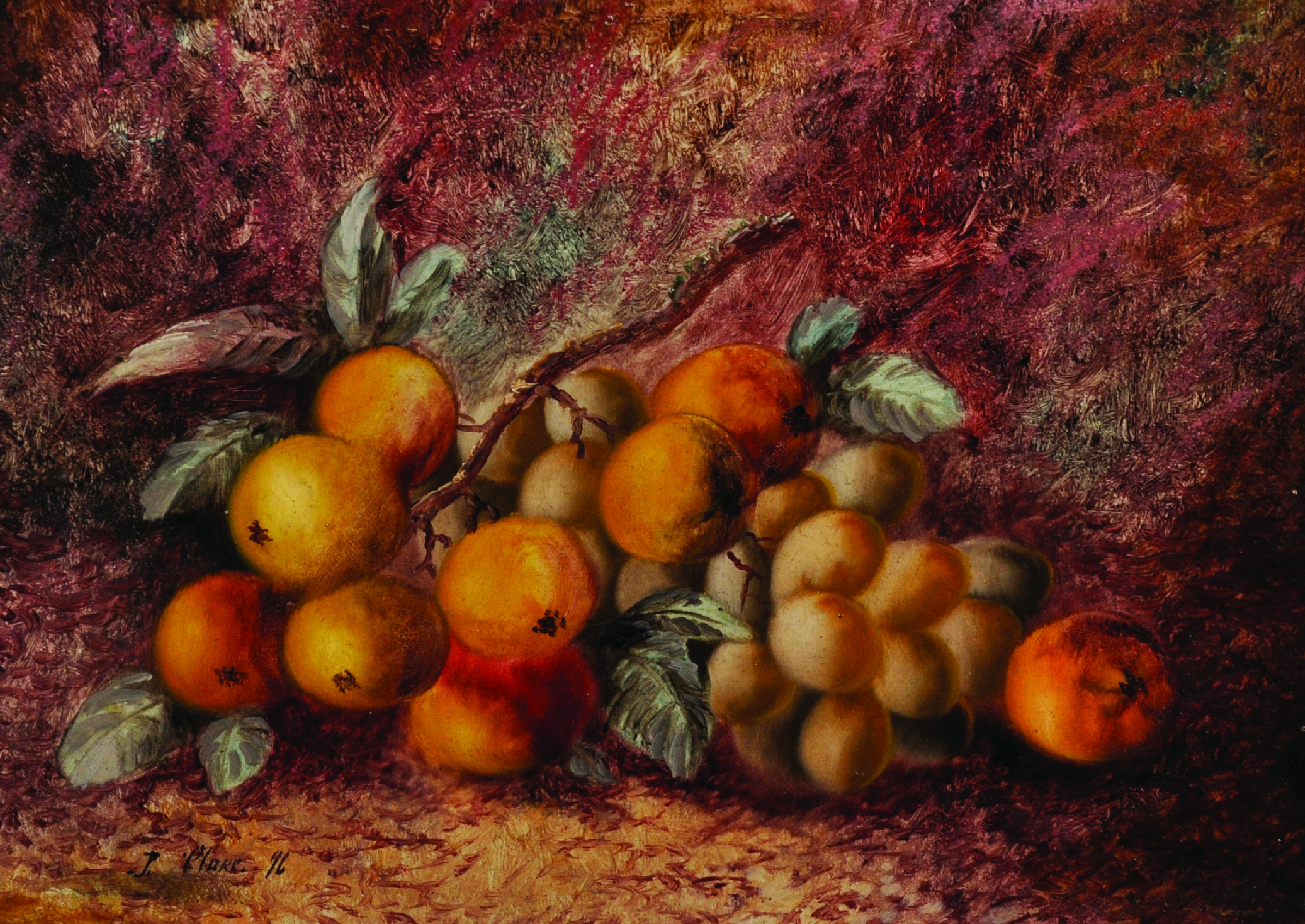 J...Clare (19th-20th Century) British. Still Life with Apples and Plums, Oil on Canvas, Signed and