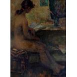 Vladimir Trofimovitch Skriabin (1927-1989) Russian. "Nude", Seated at a Table reading a Book, Oil on