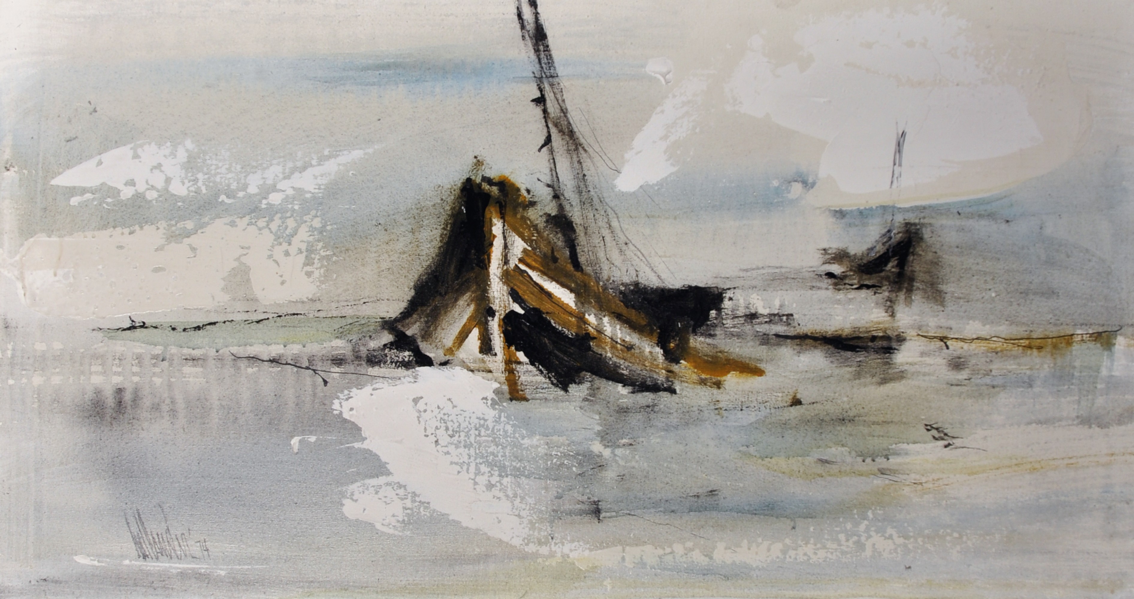 Gino F... Hollander (1924-2015) American. "Ochre Black Boat on Blue/Green Wash", Oil on Canvas,