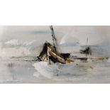 Gino F... Hollander (1924-2015) American. "Ochre Black Boat on Blue/Green Wash", Oil on Canvas,