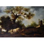 Early 20th Century English School. A Landscape with Figures and Cattle, and a Windmill in the