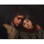 19th Century English School. Two Young Girls in an Embrace, Oil on Canvas, 16" x 20".