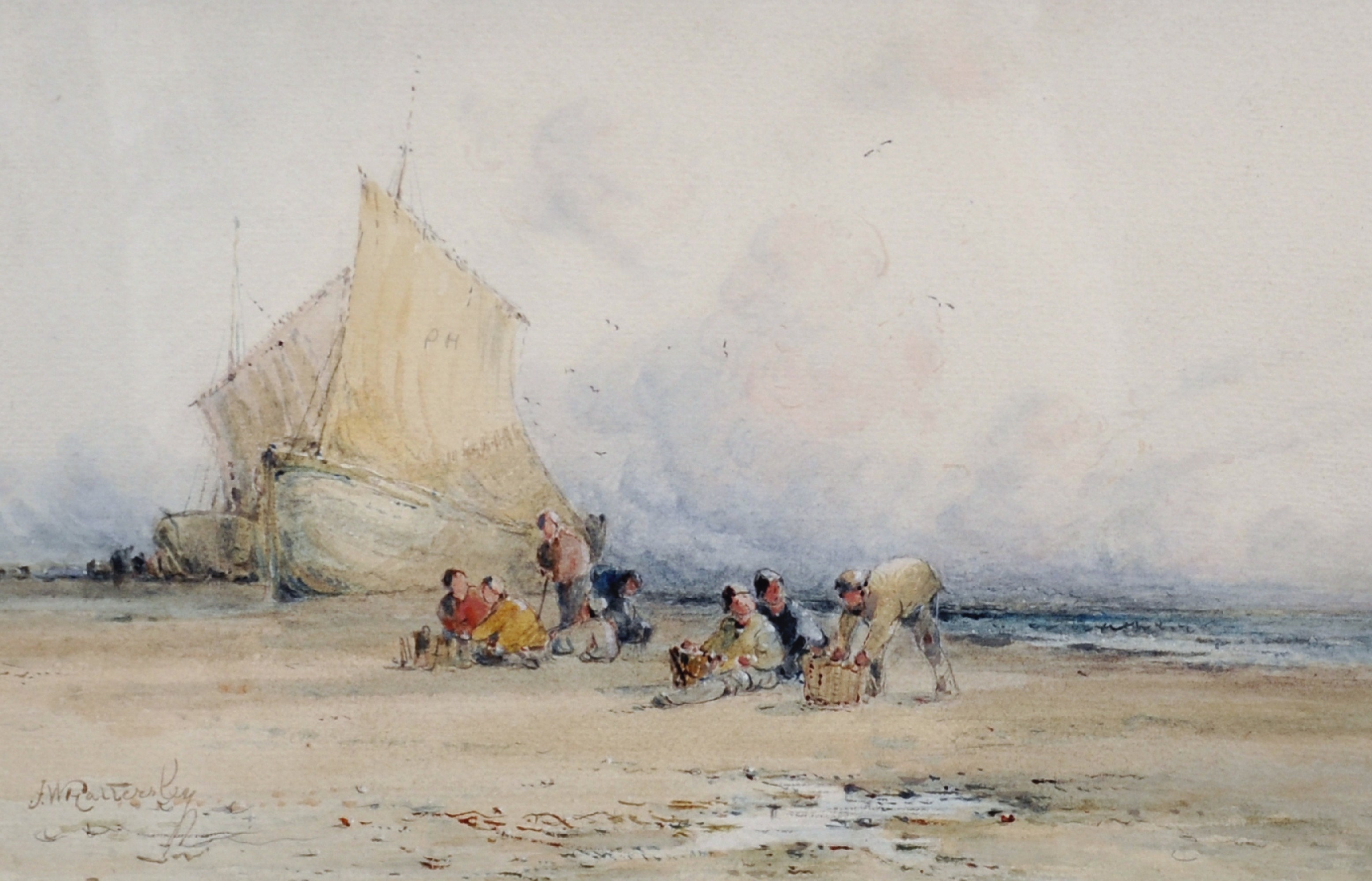 Frederick William Hattersley (1859-?) British. A Beach Scene, with Figures unloading the Catch,