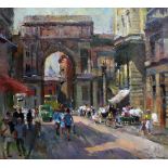 Vladimir Litvinienko (1930-2011) Russian. "Summer Afternoon", a Street Scene with Figures, with an