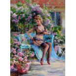 Konstantin Razumov (1974- ) Russian. "In the Garden", a Scantily Dressed Lady seated on a Bench, Oil