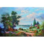 Ball (20th Century) British. A Continental Lake Scene, with a Figure seated under a Tree, Oil on