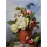 Mary Elizabeth Duffield (1819-1914) British. Roses in a Terracotta Vase, in a Landscape, Oil on