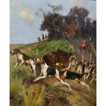 Arthur Wardle (1864-1949) British. "Breaking Cover", a Hunting Scene, with a Pack of Hounds in the