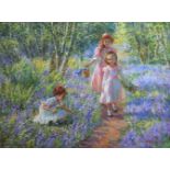 Alexandre Averine (1952- ) Russian. "In a Forest of Bluebells", with Three Young Girls Picking